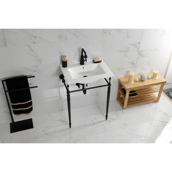 24Inch Console Sink With Brass Legs Single Hole, WhiteMatte Black